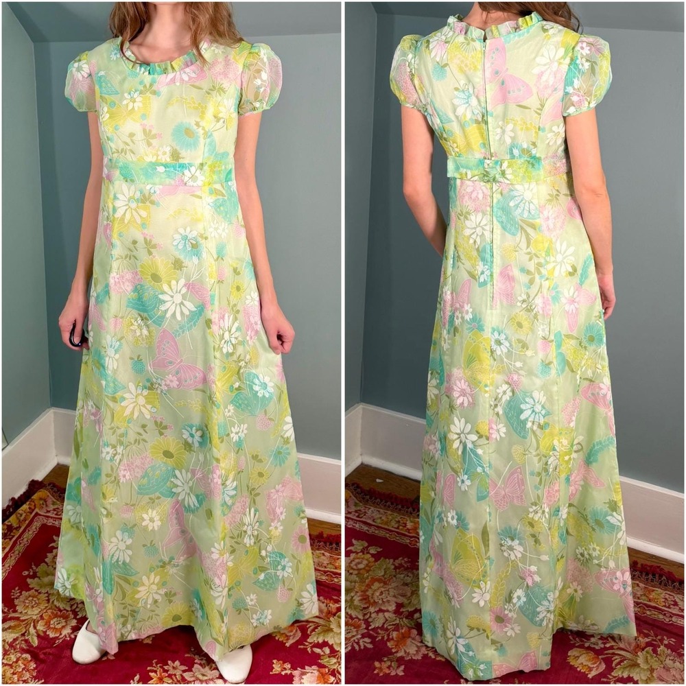 Vintage 1970s Butterfly Print Dress Flower Power 70s Empire Fairy Whimsical